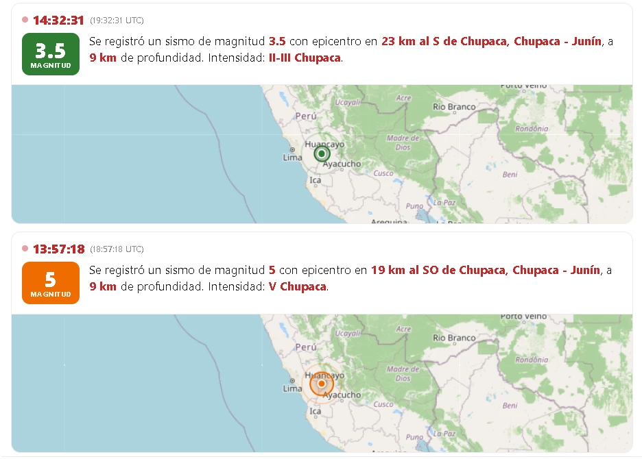 Temblor en Junín: Sismo de magnitud 5.0 fue sentido esta tarde en Chupaca